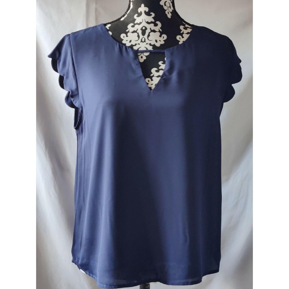 E&M Womens Chiffon Ruffle Short Sleeve Pullover Top Blouse Navy Blue Size M